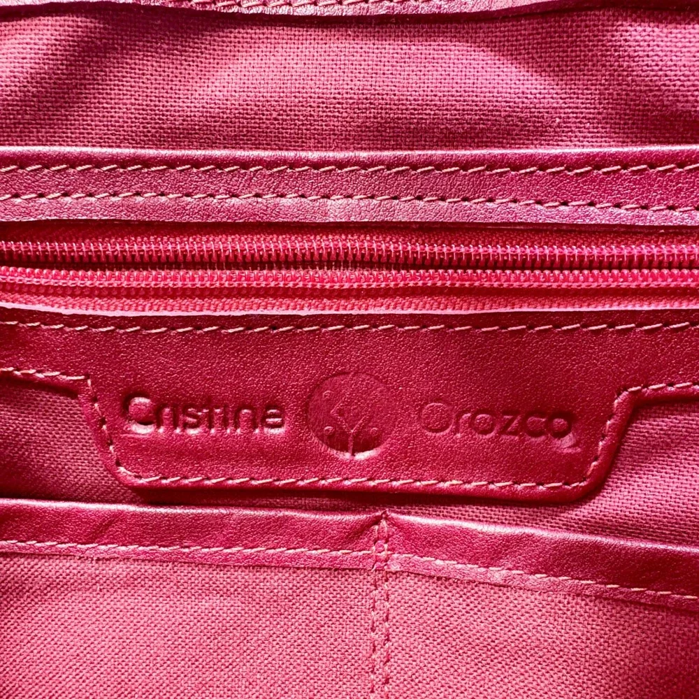 Cristina Orozco Metallic Pewter Leather Embroidered Backpack Burgundy Tassel